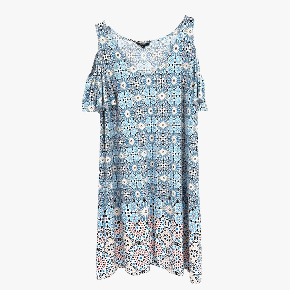 MSK Dress Womens XL Blue Geometric Cold Shoulder Shift Stretch Casual Travel